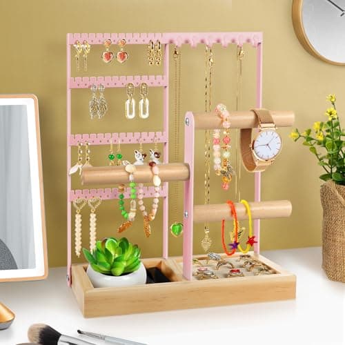 Godboat Jewelry Organizer - Earring Holder with 48 Holes, 6 Hooks Necklace Organizer, Bracelet and Ring Stand with Jewelry Box, Mothers Day Gifts for Women, Mom, Preppy Stuff & Room Decor, Pink - Thumbnail 4