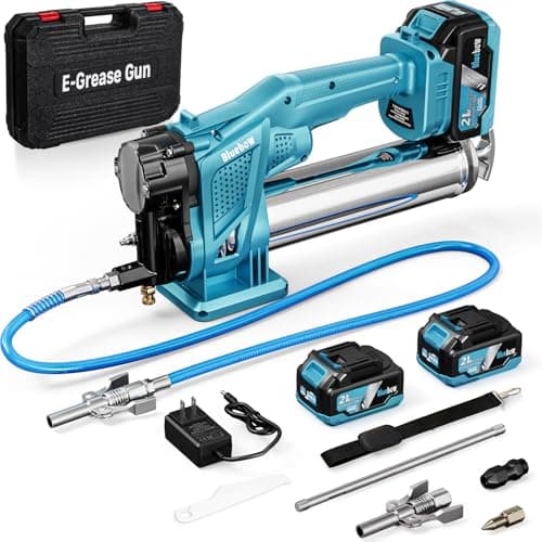 Bluebow Electric Grease Gun Kit, 12,000 PSI Max Pressure, 5.3 oz/min Flow Rate, Cordless Grease Gun Battery, 2X 4000 mAh Batteries, 39.4" Flexible Hose, Cyan - Image 1