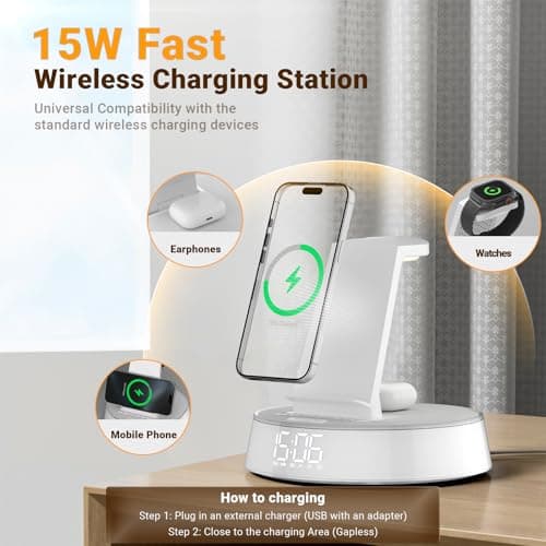 Alarm Clocks for Bedrooms with Wireless Charging Station, iPhone Charging Station with Dimmable Night Light Bluetooth Speaker, Wireless Charger for iPhone 17 16 15 14 13 12 Pro Max, Apple Watch 11 - Thumbnail 4