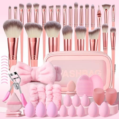 HGHDBT 61Pcs Pink Makeup Brushes Set Professional with Case Premium Synthetic for Blush Foundation Eye Shadow Concealer Powder Eye & Face Make up Brush Kit with Beauty Blender Sponge Set Tools - Image 1