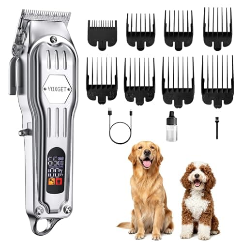 VOXGET Dog Clippers for Grooming Thick Hair, Upgrade Low Noise Pet Shaver with 8 Size Detachable Combs for Heavy Curly Hair, Rechargeable Metal Blade Clipper Grooming Kit for Dogs Animals (Silvery) - Image 1