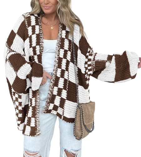 BTFBM Casual Cardigan Sweater for Women Fall 2026 Long Sleeve Open Front Chunky Knit Sweaters Checkered Outwear Coat(Brown,X-Small) - Image 1