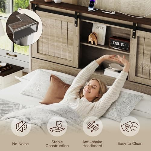 Uteeran Queen Size Bed Frame with Storage, Sliding Barn Door, Farmhouse Wood Platform Bed with Reading Light and Charging Station, Wood Slats Support, Easy Assembly, Noise-Free, Light Rustic Oak - Thumbnail 6