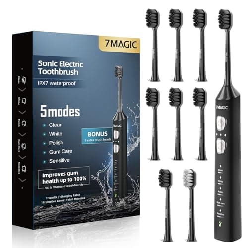 7MAGIC Sonic Electric Toothbrush for Adults and Kids - Up to 180 Days Runtime, 42000 VPM Powered Toothbrush, 5 Modes & 3 Intensities for Sensitive Teeth & Braces, Includes 8 Brush Heads, Black - Image 1