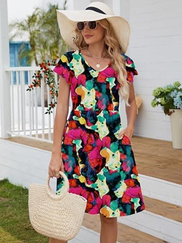 Heymoments Women Summer Dress Ruffle Sleeve Multicolored XX-Large V Neck Casual Cute Loose Sundress Comfy Swing Midi Work Flowy Tunic Ladies Beach Vacation Teacher Dresses with Pockets - Thumbnail 2
