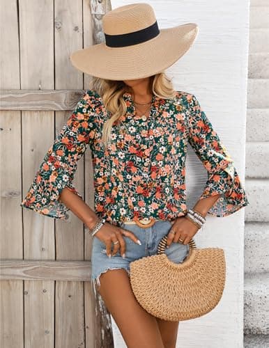 LOOKBOHO Tops for Women 3/4 Sleeve Floral Boho Blouses Sleeve Button V-Neck Casual Business Shirts Orange S - Thumbnail 4