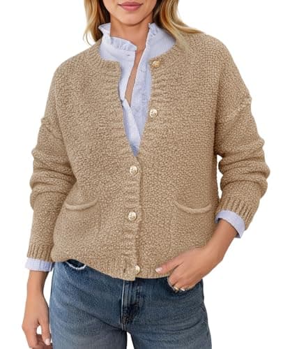 Saodimallsu Women's Chunky Knit Cardigan Button Down Crewneck Long Sleeve Cropped Sweater with Pockets Khaki - Image 1