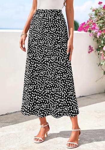 BTFBM Satin Skirts for Women 2025 Fall High Waisted A-Line Leopard Print Cocktail Wedding Long Silk Summer Midi Skirt(Polka Dot Black White, Large) - Thumbnail 4