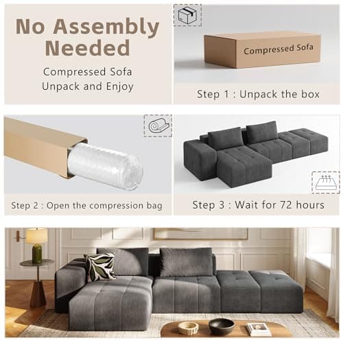 141" Cloud Sectional Couch for Living Room, Oversize Boneless Modular Sectional Sofa with Deep Seat, L Shaped Modern Cloud Sleeper Sofa Bed with Chaise, Dark Grey - Thumbnail 5