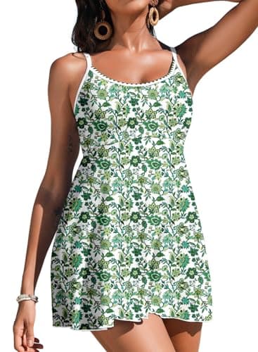 Aleumdr Women's One Piece Swimdress 2026 Vintage Swimsuit with Floral Printed Tummy Control Bathing Suits Push Up Swim Dresses with Pocket Green Large - Image 1