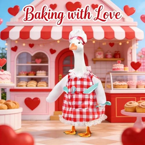 yuboo Chef Spring Porch Goose Outfit, Red and White Checkered Dress, Chef Hat & Cutlery 5 Set Porch Goose Clothes for 17'' Cement Statue, Fun Goose Costume for Garden Patio Statue Decor - Thumbnail 3
