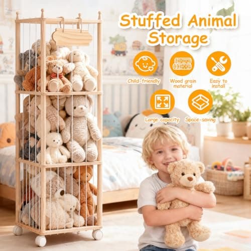 Stuffed Animal Storage - Wooden Large Organizer Holder for Kids' Room and Playroom - Plush Zoo Animals Holder with Elastic Cords & Brake Wheel for Toddler Bedroom Toy Stuff Organization - Thumbnail 4