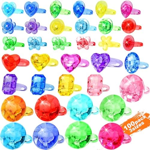 100pcs 3-Size Gem Diamond Rings Toys for kids&Unisex Adult,Bulk Plastic Ring Princess Party Favors Dress Up Jewel Ring,Goodie Bag Stuffers Fillers Carnival Prizes, Little Girl Christmas Birthday Gift - Image 1