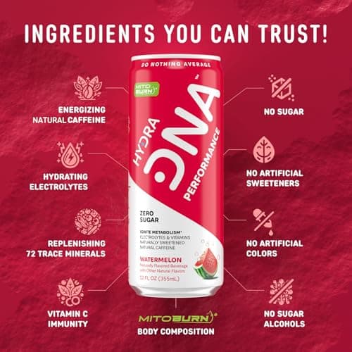 HYDRADNA- Clean Performance Drink, Zero Sugar | For Natural Fuel, Alertness, Boost, Stamina,120 mg Organic Caffeine, Natural Flavors, Zero Sucralose, Clean Ingredients (12 Pack) (12 Pack, Watermelon) - Thumbnail 4