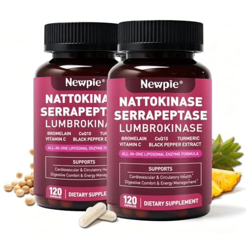 Nattokinase Supplement 12,000 FU - Systemic Enzymes Complex with Serrapeptase, Lumbrokinase & CoQ10 - Supports Cardiovascular Health, Blood Flow & Circulation - 120 Non-GMO Vegetarian Capsules
