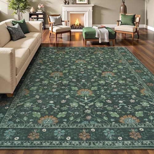 Vibrug 9x12 Area Rugs for Living Room, Floral Vintage Washable Rugs, Soft Boho Non-Slip Low Pile Carpets, Large Area Rug for Dining Room Bedroom Farmhouse Home Indoor Nursery, Dark Green - Thumbnail 2