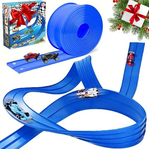 Easter Basket Stuffers for Kids - Flex Tracks 16.4 Ft Starter Set Flexible Race Track for Kids, Race Car Ramp Track Compatible with Hot Wheels and Diecast 1/64th Cars with Strong Suction Cups (Blue) - Image 1