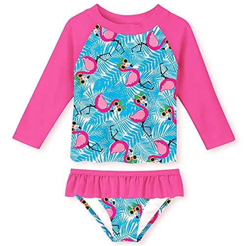 Funnycokid Girls Flamingo Rashguard Swimsuit Size 6 Long Sleeve Bathing Suits 2 Piece Swimwear Rash Guard Sets Quick Dry Swimming Kids Swim 5-6 Years - Image 1