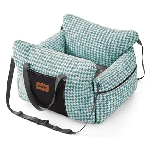 ZOMISIA Dog Car Seat for Small to Medium Dogs - Waterproof Pet Booster Seat with Clip-On Safety Leash, Carrier for Puppy up to 25 lbs, Memory Foam Filling & Adjustable Buckles, Green Houndstooth - Image 1