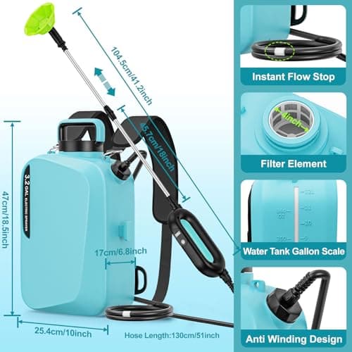 3.2Gal/12L Battery Powered Backpack Sprayer, 7.4V Electric Pump Sprayers with Digital Display, 2 Speeds & 5 Nozzles, USB Rechargeable, Adjustable Strap for Lawn, Garden, Farm, Cleaning (Light Blue) - Thumbnail 2