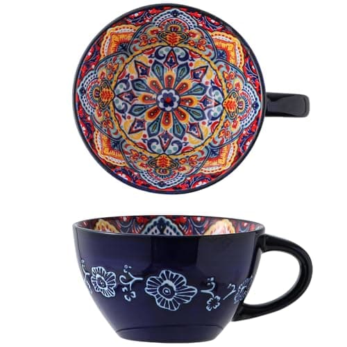 JINNTHE Bohemian Hand-Painted Ceramic Mug, 15 Oz Large Coffee Cup for Milk, Tea, and Breakfast, Dishwasher & Microwave Safe Artisan Cup, Navy Blue - Image 1