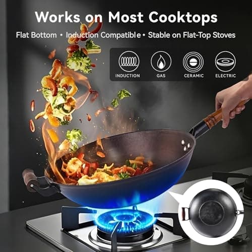 WANGYUANJI Cast Iron Wok Pan with Lid (12.6 Inch) - Handcrafted Flat Bottom Chinese Stir Fry Skillet for Induction, Electric & Gas - Walnut Wood Handle, No Coating - Thumbnail 3