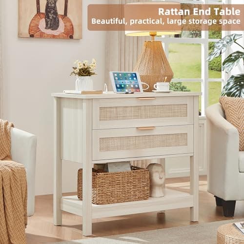 LEYAOYAO 31.5" Wide Rattan Night Stand with Charger Station, Oversized Large Boho Nightstand with 2 Drawer, Grey White Bed Side End Tables, Tall Bedside Table for Bedroom Living Room, Hallway - Thumbnail 3