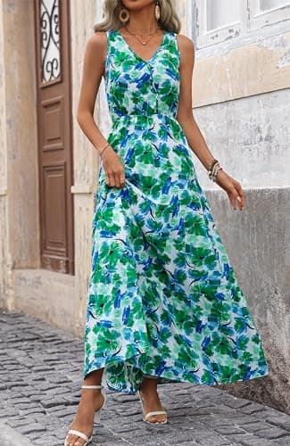BTFBM Women Summer Dresses Casual Sleeveless Maxi Dresses Cute Floral Long Dress Wedding Guest Dress(Green Flower,XX-Large) - Thumbnail 3