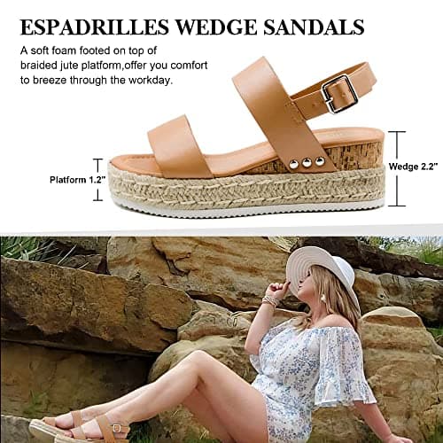 Athlefit Women's Espadrilles Platform Wedge Sandals Casual Open Toe Ankle Strap Buckle Summer Sandals, Khaki, Size 6, AD00502 - Thumbnail 2