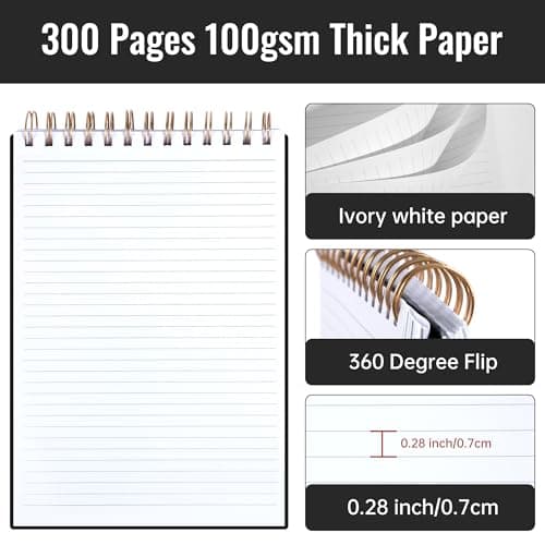Yoment Top Spiral Notebook, Steno Pads College Ruled, 300 Pages Top Bound Notebook, 7 × 10 Flip Notebooks Left-Handed Notebooks for Work School Office Business, Black - Thumbnail 2