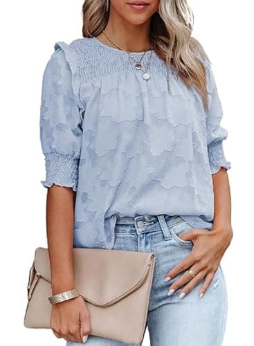 Dokotoo Womens Summer Tops Half Sleeve Crewneck Blue Blouses for Women Fashion 2026 Lace Shirred Tops Dressy Casual Going Out Shirts for Women Small - Image 1