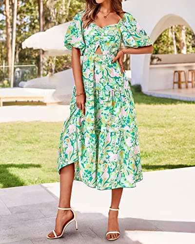 BTFBM Women's Clothing Spring Summer Dresses 2026 Beach Vacation Short Sleeve Smocked Back Boho Casual Floral Maxi Dress(Print Green, Small) - Thumbnail 3