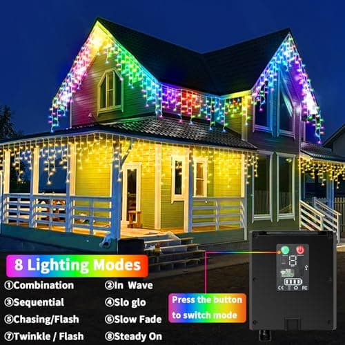 Solar Powered Icicle Lights Outdoor Christmas - 660LED 66+16FT Icicle String Lights with Remote, 8 Modes, Timer,IP65 Waterproof Rechargeable Battery for Porch, Roof, Xmas (Multicolor+Warm White) - Thumbnail 6