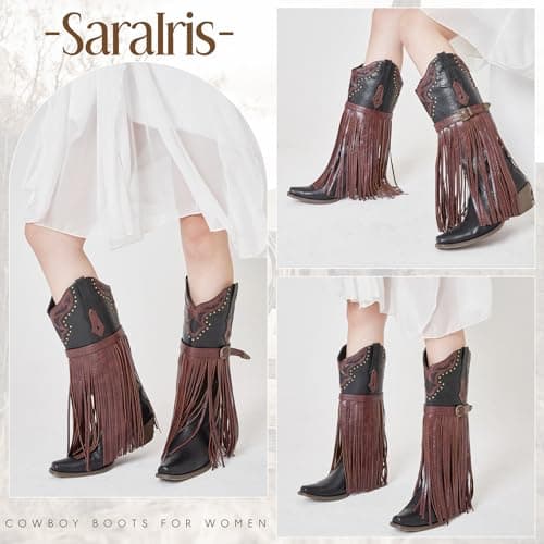 SaraIris Women's Black Cowboy Boots Fringe Boots Knee High Cowgirl Boots Chunky Heel Western Boots Buckle Strap Fashion Pointed Toe Pull On Tassel Boots for Women Size 7.5 - Thumbnail 6