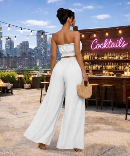 ABKY Two Piece Sets for Women Going Out Summer Off Shoulder Tube Top Palazzo Pants Set Vacation Birthday Party Date Night Outfits White XL - Thumbnail 5
