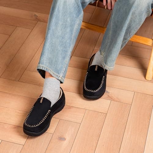 BOVTY House Slippers for Men Moccasins - Memory Foam&Warm Plush Indoor Outdoor Slip-on Loafers Black - Thumbnail 3
