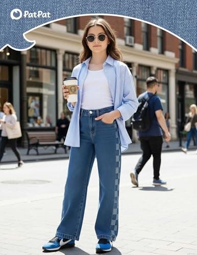 PATPAT Girls Jeans Denim Y2K Elastic Wasit Wide Leg Baggy Jean Trendy Preppy Pants Kids Clothes with Pockets 7-8 Years - Thumbnail 2