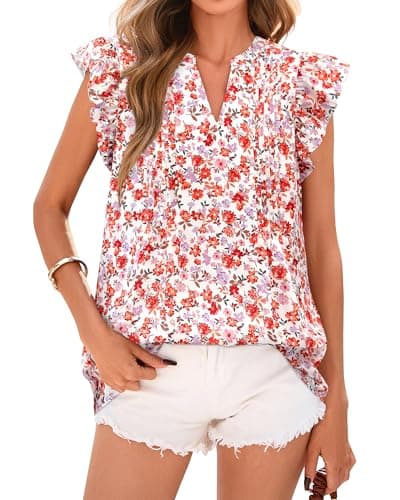 BTFBM Summer Tops for Women 2025 Trendy Cap Sleeve V Neck Floral Dressy Casual Blouse Shirts Cute Tops T Shirts(White Orange Floral,X-Large) - Image 1