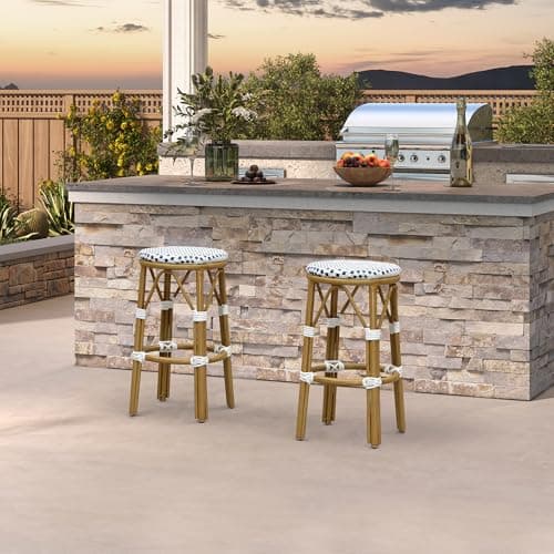 PURPLE LEAF Patio Round Counter Height Stool Set of 2 Outdoor Backless Barstools Aluminum Frame in Bamboo Finish with White & Blue Woven Rattan for Indoor Kitchen Dining Bistros Cafe Restaurant - Image 1