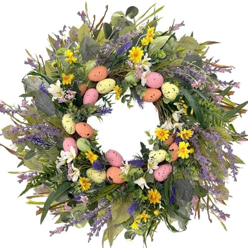 HipTree 24 Inch Farmhouse Easter Wreath for Front Door, Artificial Pastel Spring Wreaths with Easter Eggs,Lavender&Wildflowers,Handcrafted Wreath for Entryway Mantel Window Indoor Outdoor Decorations - Image 1