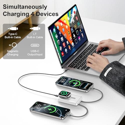 for Magsafe Portable Charger, 12000mAh 22.5W Fast Charging Power Bank with Built-in 2 Cables, 3-in-1 Magnetic Battery Pack with LED Display & Foldable Stand for iPhone 17/16/15/14/13 AirPods & iWatch - Thumbnail 4