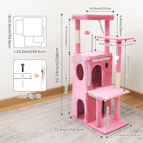 FURFAST Large Cat Tree Tower, 50 Inch Multi-Level Tower Cat Tree for Indoor Cats Large Adult, Cat Tower with Scratching Post, with Climbing Ladder, 2 Cat Caves Bed Cave, Cat Toys, Cat Houses,Pink - Thumbnail 3