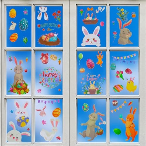 Oeyliz Easter Decorations Window Clings Happy Easter Stickers Bunny Eggs Window Clings Glass 9 Sheets 151PCS Windows Decals Holiday Home Office School Party Decoration Supplies - Image 1
