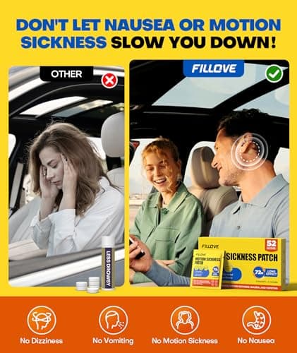 FILLOVE 52ct Motion Sickness Patches Non-Drowsy, 72H Lasting Sea Sickness Patches Cruise Essentials 2026, 100% Natural Motion Sickness Patch Travel Essentials for Car Airplane Ship Altitude Sickness - Thumbnail 2
