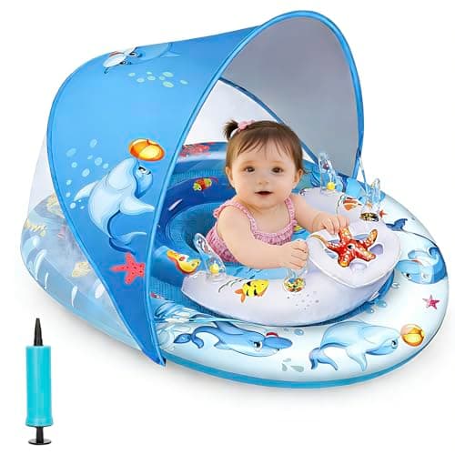 Baby Pool Float with Canopy,120° Adjustable UPF50+ Protection,Anti-Tip Safety Seat,Inflatable Toddler Floaties Infant Swim Ring,Thick PVC Pool Float with Animal Pool Toys,Beach Essentials for 3-36M