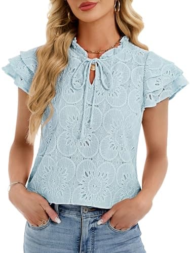 Funlingo Womens Dressy Casual Blouses Summer Cap Sleeve Eyelet Lace Tops Ruffle Collar Hollow Out Embroidered Shirts Fashion Clothes Light Blue L - Image 1