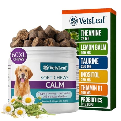 VetsLeaf Calming Chews for Dogs - Dog Anxiety Relief and Calming Sleep Support with Theanine, Lemon Balm, Taurine & Inositol - Fireworks, Thunderstorms & Separation Anxiety - Made in USA - 60 Count