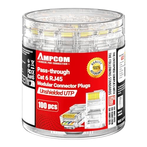 AMPCOM 100-Pack CAT6 Pass Through RJ45 Connector, Gold-Plated Ethernet Plugs for Solid/Stranded 23-26AWG UTP Ethernet Cables - Image 1