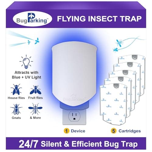 Bug Parking Flying Insect Trap, Plug-in UV Light for Gnats, Fruit Flies and Houseflies, Silent Sticky Catcher for Indoor Use, 1 Device & 5 Refills - Image 1