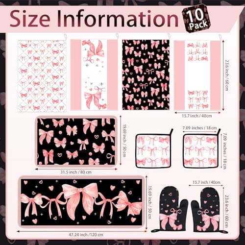 Vetoxka 10 Pcs Cute Pink Bow Kitchen Decor and Accessories - Valentines Day Sets 4 Dish Towels 2 Pot Holders 2 Oven Mitts 2 Rugs for Kitchen Bathroom Home Cooking Housewarming Baking Daughter Mom Gift - Thumbnail 3